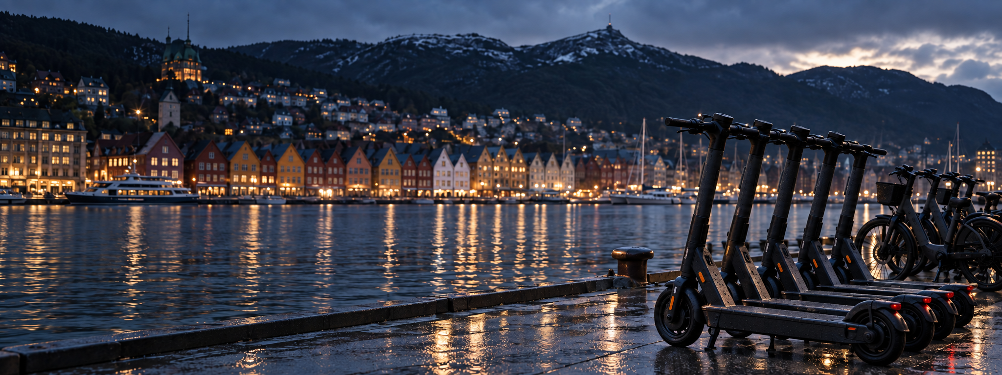 Black shared e-scooters beside Bergen harbour